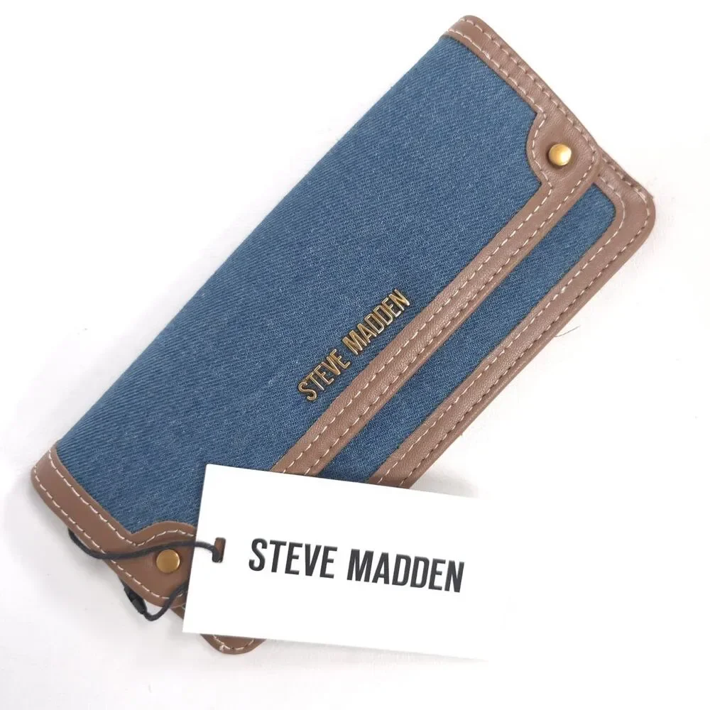 STEVE MADDEN Women's New Denim Snap Zip Wallet Blue Brown BDENNI